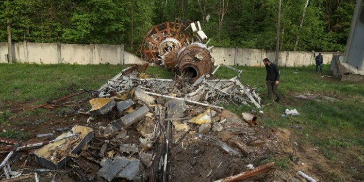Top of Kharkiv’s giant TV tower crashes to ground after Russian missile strike