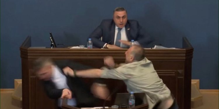 Georgian politician punches opponent in face in brawl over ‘foreign agent’ law